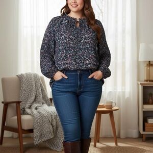 Pennington’s paint splatter long sleeve blouse tie front size 1x